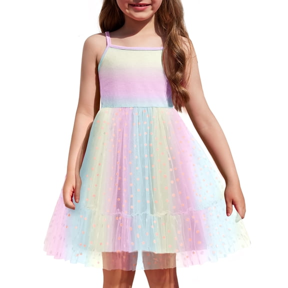 Oudiya Toddler Girls Tutu Rainbow Party Dress Tulle Ruffle Hem Cami Summer Dress for Kids 2-6Y