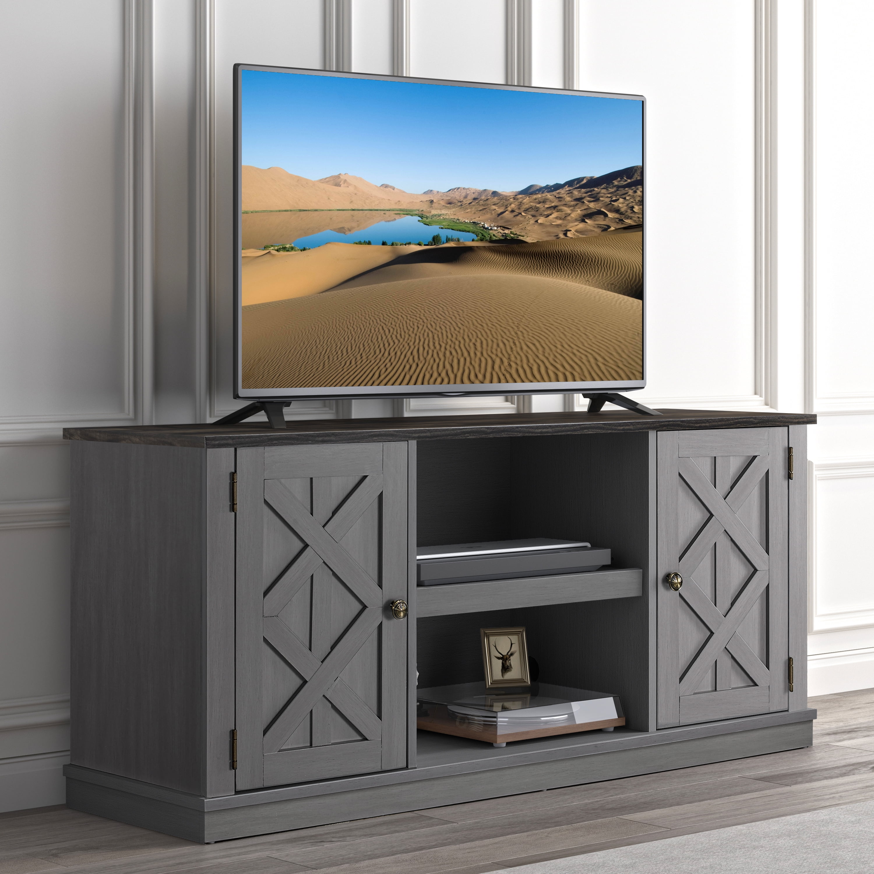 Joy River 54" Rustic TV Stand with Barn Door Cabinets,Grey