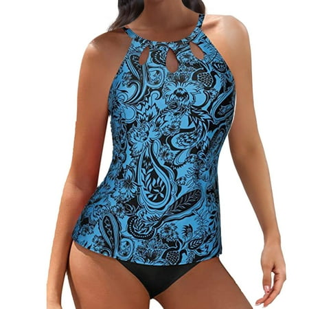 Tiqkatyck Bikini Sets for Women Clearance  Two Piece High Neck Tankini Swimsuits for Women Bathing Suits Floral Print Swimwear Bathing Suit for Women  Swim Suits for Women 2024 Dark Blue M