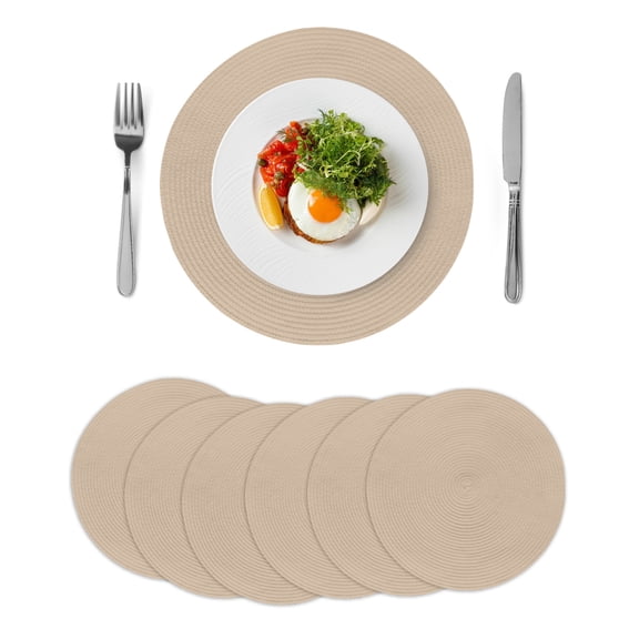 Pure Light Khaki Round 15 Inch Placemats Set of 6, Simple Solid Color HeatResistant Non Slip Place Mats for Dining Table, Wipeable Braided Kitchen Table Mats for Housewarming