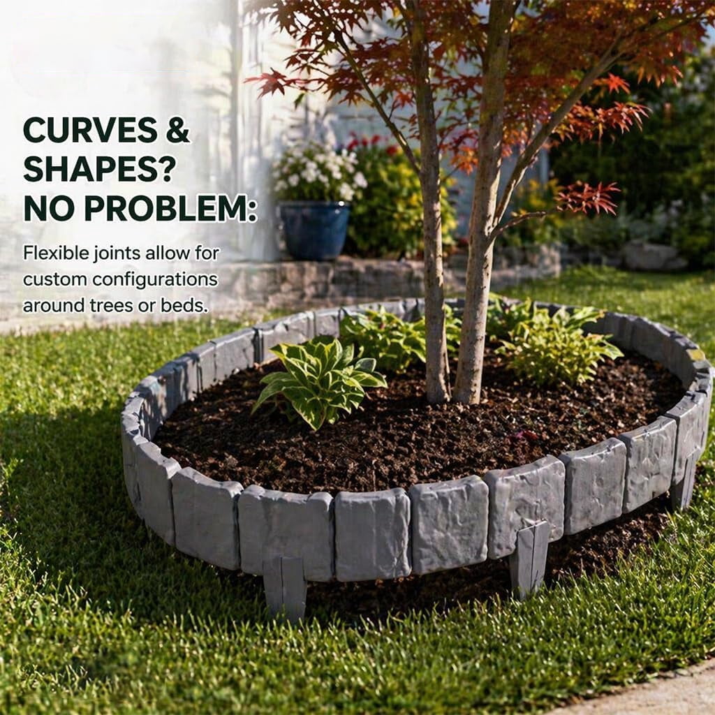 Imitation Stone Garden Fence Plastic,10PCS Retaining Edging Border Grey Cobbled Effect Landscape Decor Interlocking Decorative Panels Flower Bed Path Lawn Outdoor Picket Yard Grass Edge