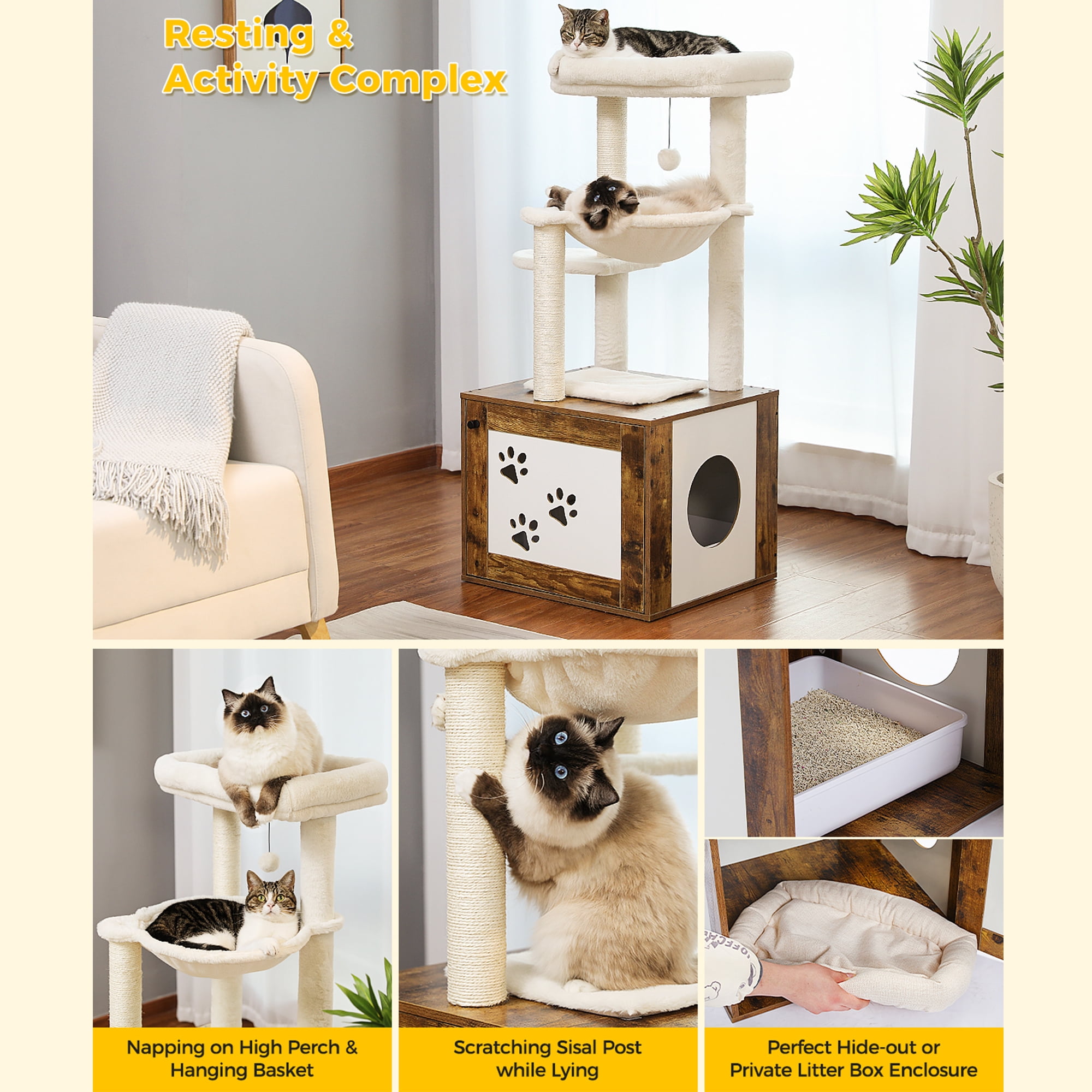 Pefilos 46" Cat Tree Tower with Litter Box Enclosure, Wood Cat Condo with Hammock, Cat Scratching Posts, Removable Top Perch, Brown Pefilos 46" Cat Tree Tower with Litter Box Enclosure, Wood Cat Condo with Hammock, Cat Scratching Posts, Removable Top Perch, Brown