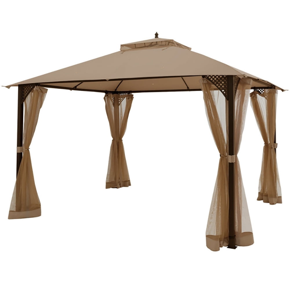 Aimee Lii 12 x 10 Feet Outdoor Double Top Patio Gazebo with Netting, Backyard Canopy Gazebo, Brown