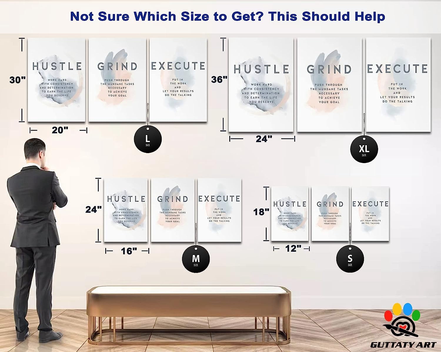 Office Wall Art - 3 Panel Motivational Wall Art, Inspirational Quotes Canvas Art for Home Office Wall Decor, Positive Quotes Wall Decor, Entrepreneur Grind Hustle Execution (12\u201dx18\u201dx3Pcs)