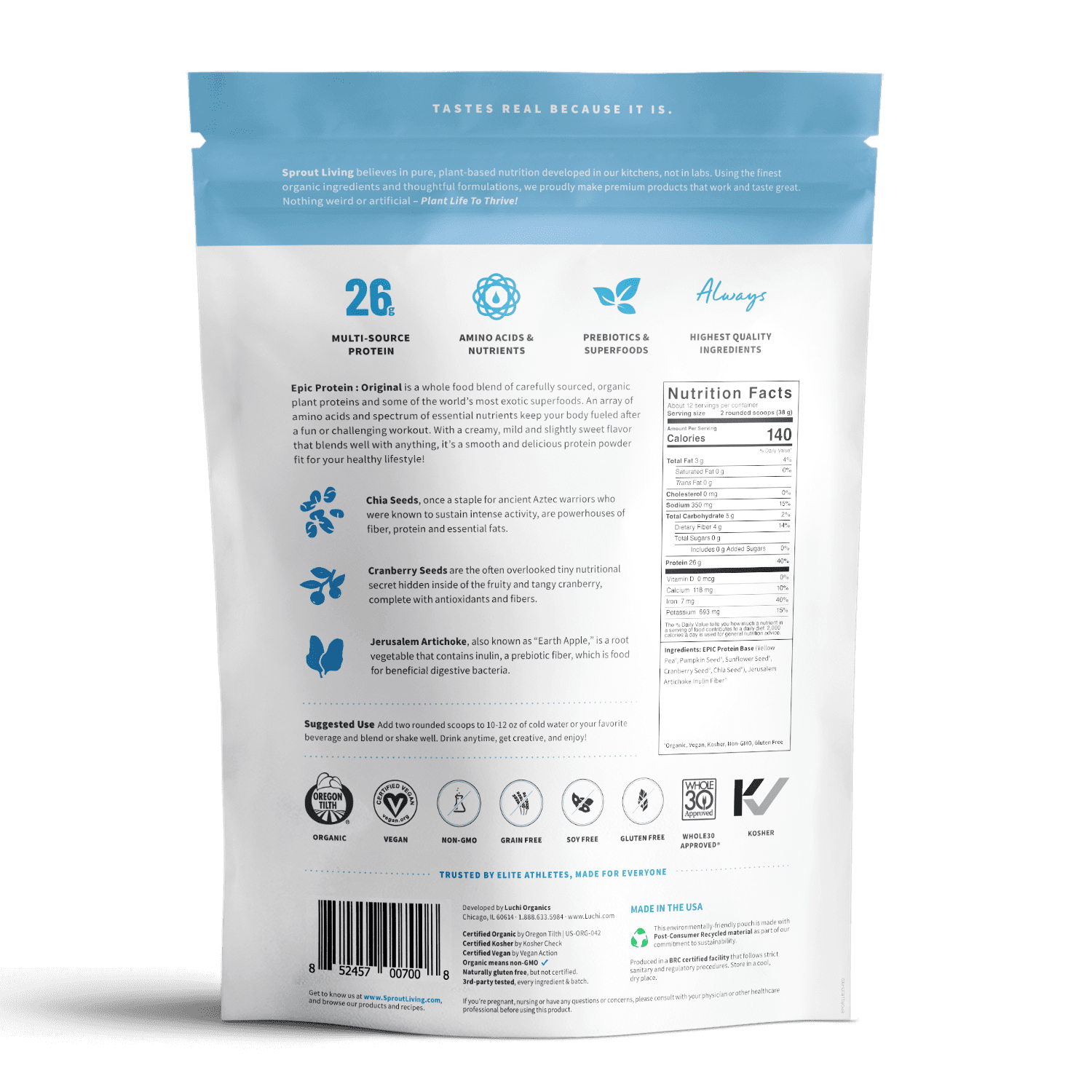 Sprout Living Epic Protein | Organic Plant Protein, Superfoods, Original (unflavored) 1 lb