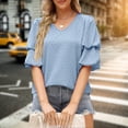 thumbnail image 3 of Blusa De Manga Corta Camiseta casual de manga doble abullonada de color sólido con cuello en V de verano para mujer (azul claro M) Ygjytge para Mujer azul claro T M, 3 of 7