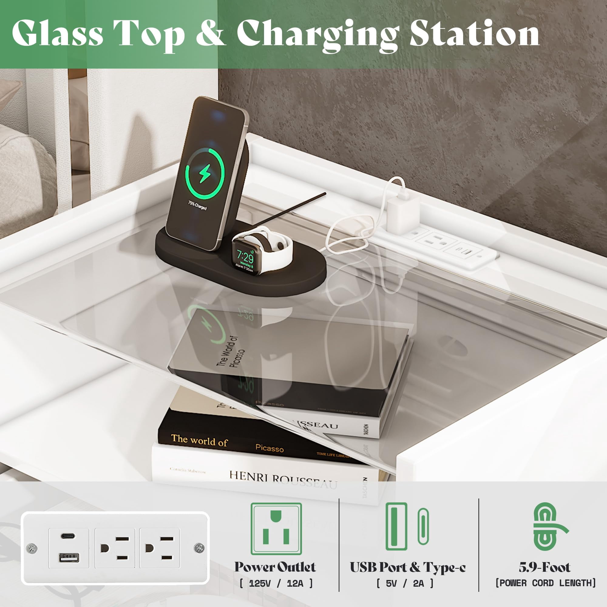 Papajet 23.6" Nightstand Set of 2, High Gloss End Table with Glass Tabletop, Modern Bedside Table with Charging Station for Bedroom, Cream & Gray