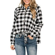 Women's Long Sleeve Roll Up Collared Button Down Plaid Flannel Shirt