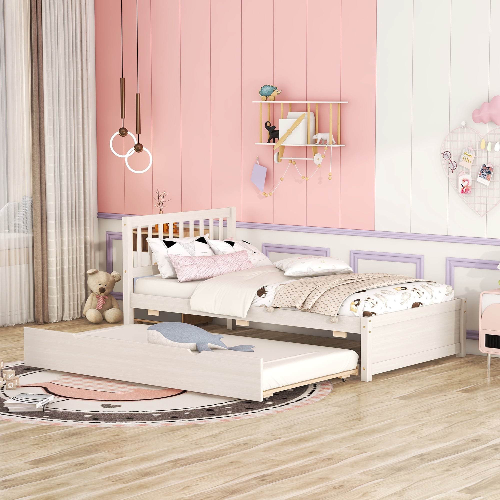 Aukfa Twin Platform Bed with Trundle Bed, Wood Bed Frame for Kids - White