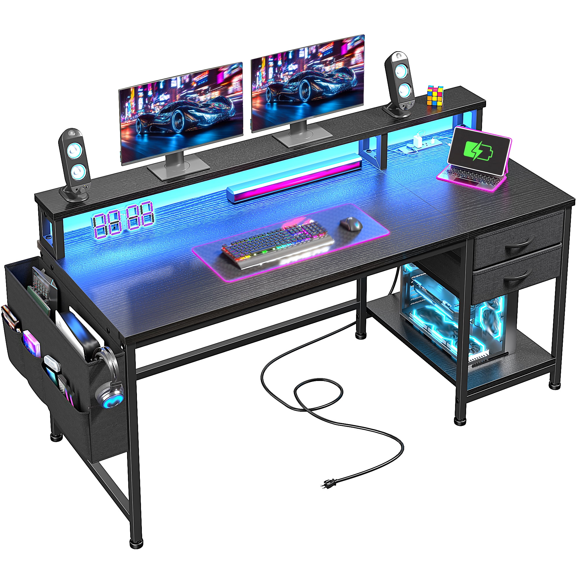 EnHomee 48" Computer Desk with Drawers & Storage, Desk with Power Outlet, Writing Desk with Monitor Stand for Home Office, Black