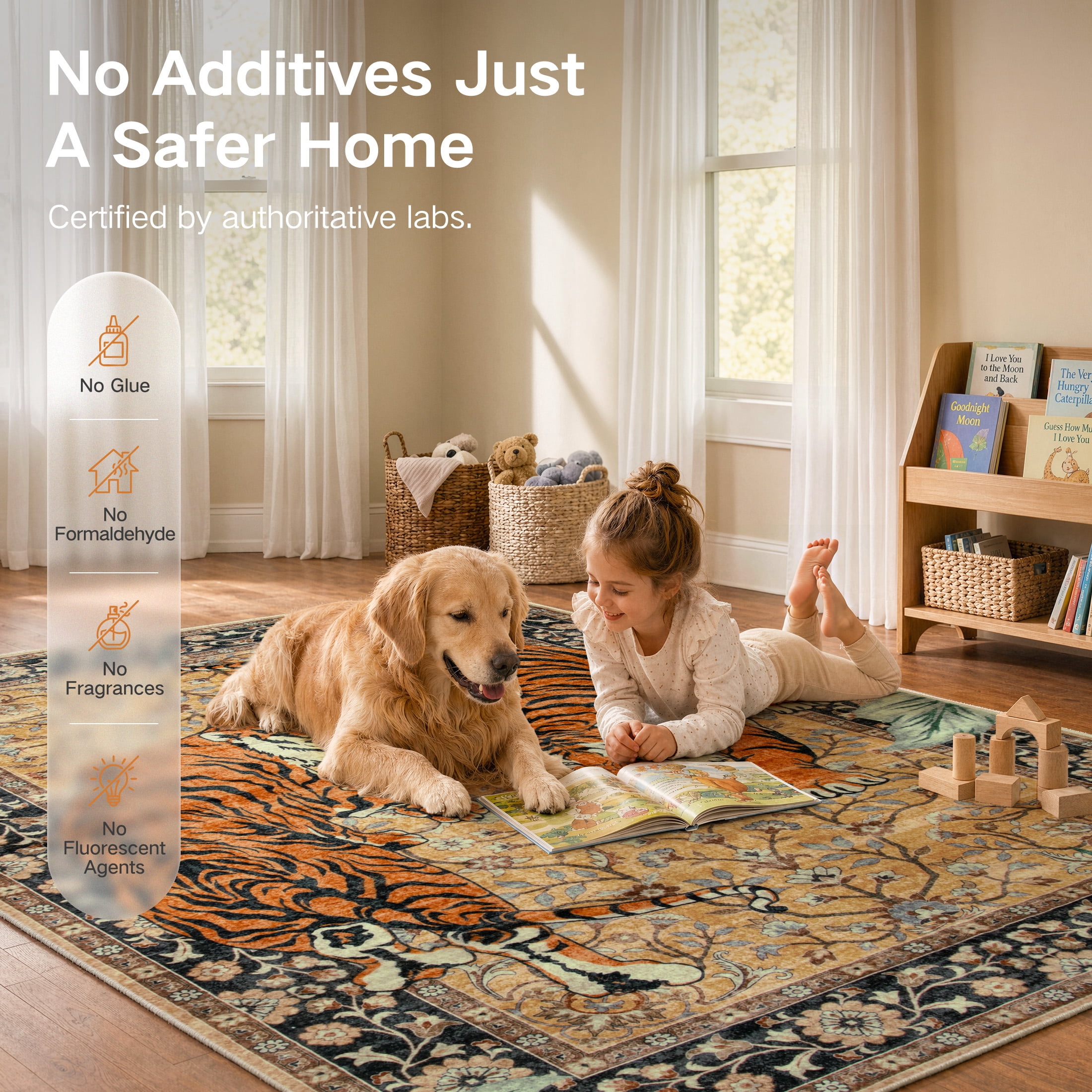 Moynesa 5'x7' Vintage Tiger Area Rug, Boho Traditional Washable Rug for Living Room Bedroom Dining Sunroom, Distressed Botanical Floral Accent Carpet, Soft Low Pile Non Slip Stain Resistant, Camel