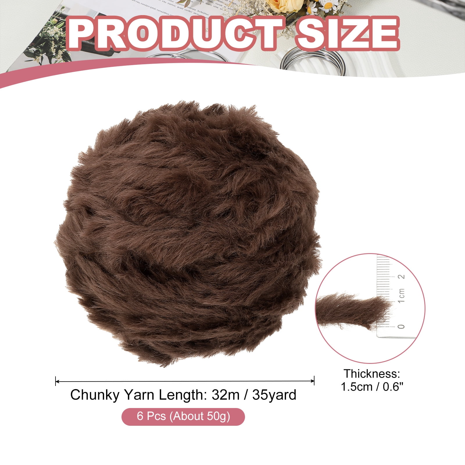 Uxcell 35yds Faux Fur Yarn, 6 Skeins 0.7"OD 50g Soft Fuzzy Yarn Crochet Fluffy Yarn Chunky Polyester Plush Fur for Crocheting and Hand Knitting Shawls Hat Blanket Rug, Dark Coffee