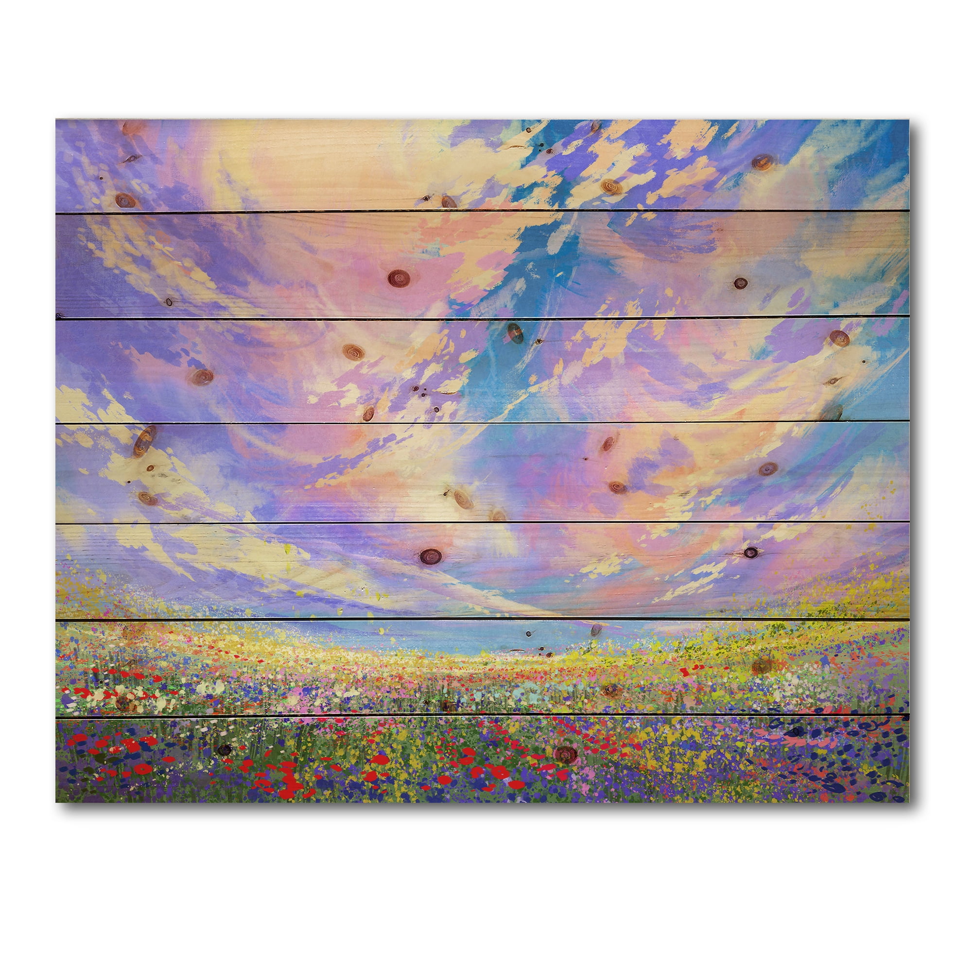 Designart 'Gorgeous Clouds Over Colorful Flowers In Field' Traditional Print on Natural Pine Wood