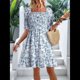 thumbnail image 4 of Vestido Informal de Verano para Mujer, Corta, Cuello Cuadrado, Fruncido, Estilo Bohemio, Floral, Minivestido Fluido de Corte A Azul M, 4 of 7