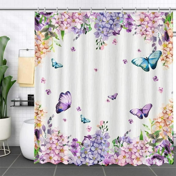 Spring Watercolor Butterfly Girl Shower Curtain 72x72 Inch Lavender Pink Floral Lilac Purple Blue Butterfies Cherry Blossom Bathroom Decor Polyester Waterproof Fabric with 12 Hooks