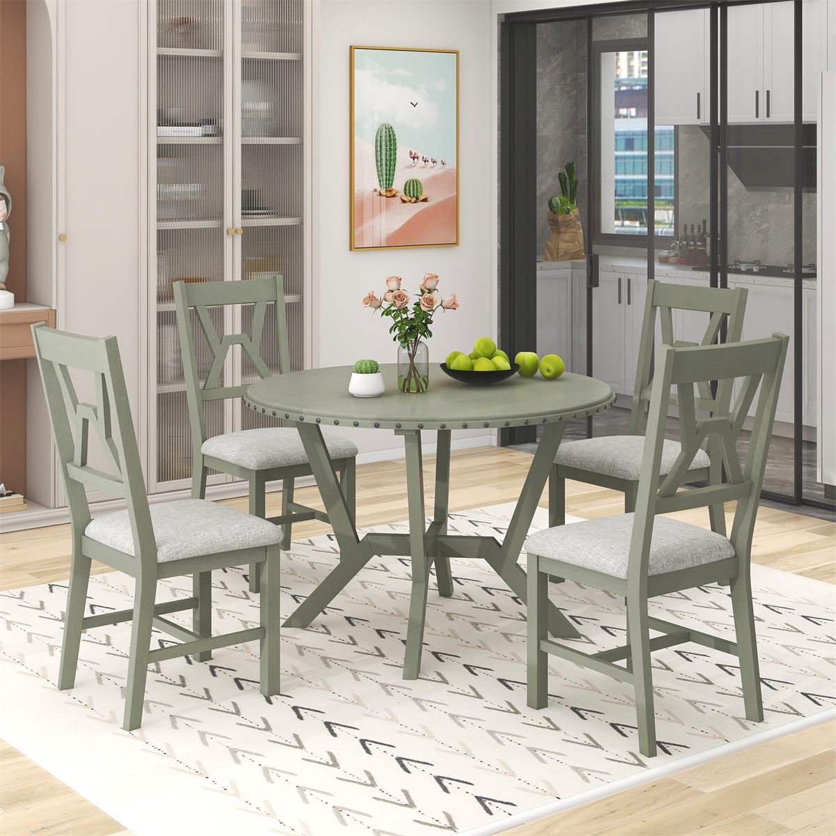 5 Pieces Dining Table Set, Wood Kitchen Table with Cross Legs and 4 Upholstered Chairs, Round