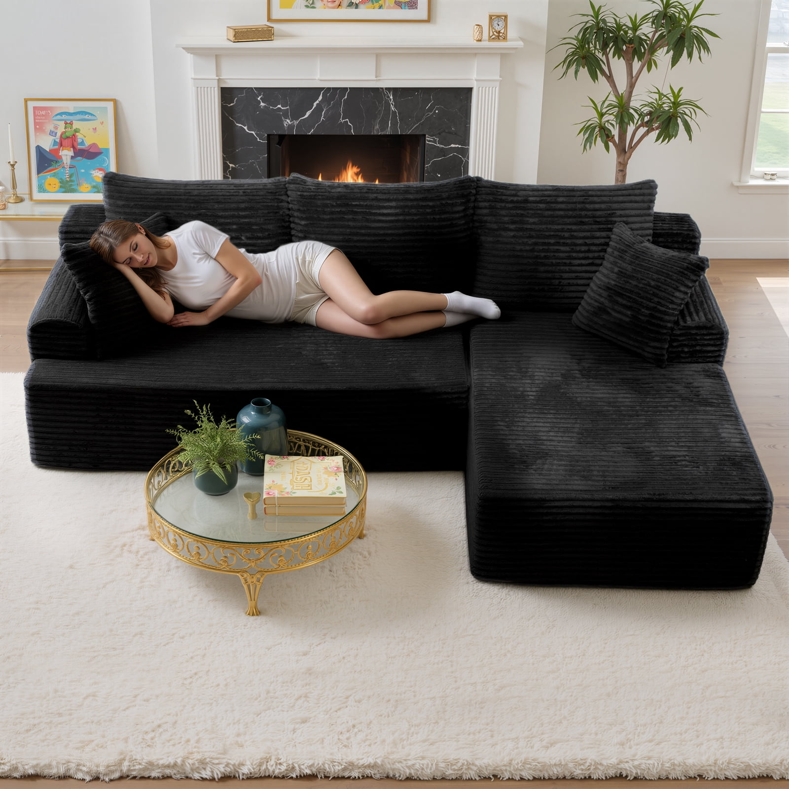 Kelyda 96" Modular L-Shaped Cloud Sofa, Plush Boneless Sectional with Deep Seats Chaise Corduroy Fabric, Black
