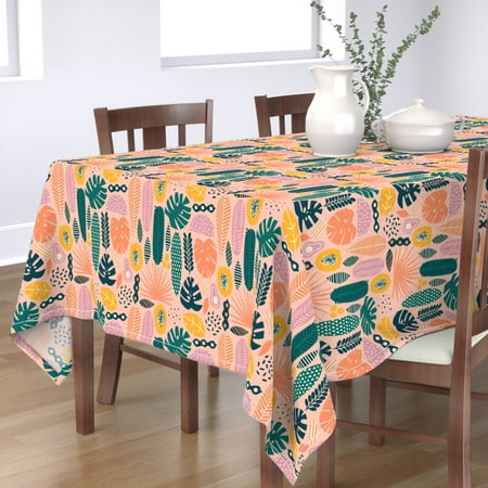 

Cotton Sateen Tablecloth 90 Square - Pink Hawaii Jungle Flowers Contemporary Colorful Summer Tropic Palm Blush Coral Tropical Leaves Print Custom Table Linens by Spoonflower
