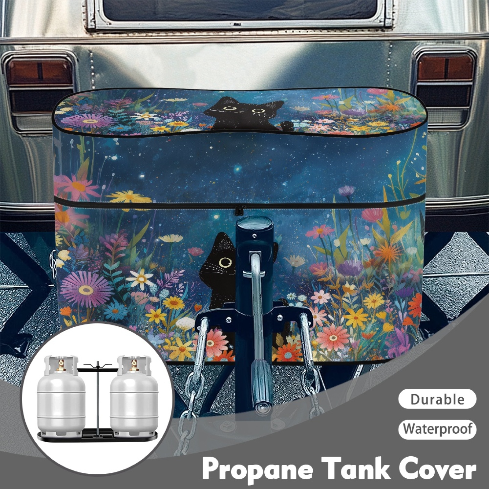 Yuyamidu Cute Black Cat RV Propane Tank Cover Colorful Flowers Double 20 lb Propane Tank Cover for Camper Trailer, Waterproof Trailer Travel Accessories