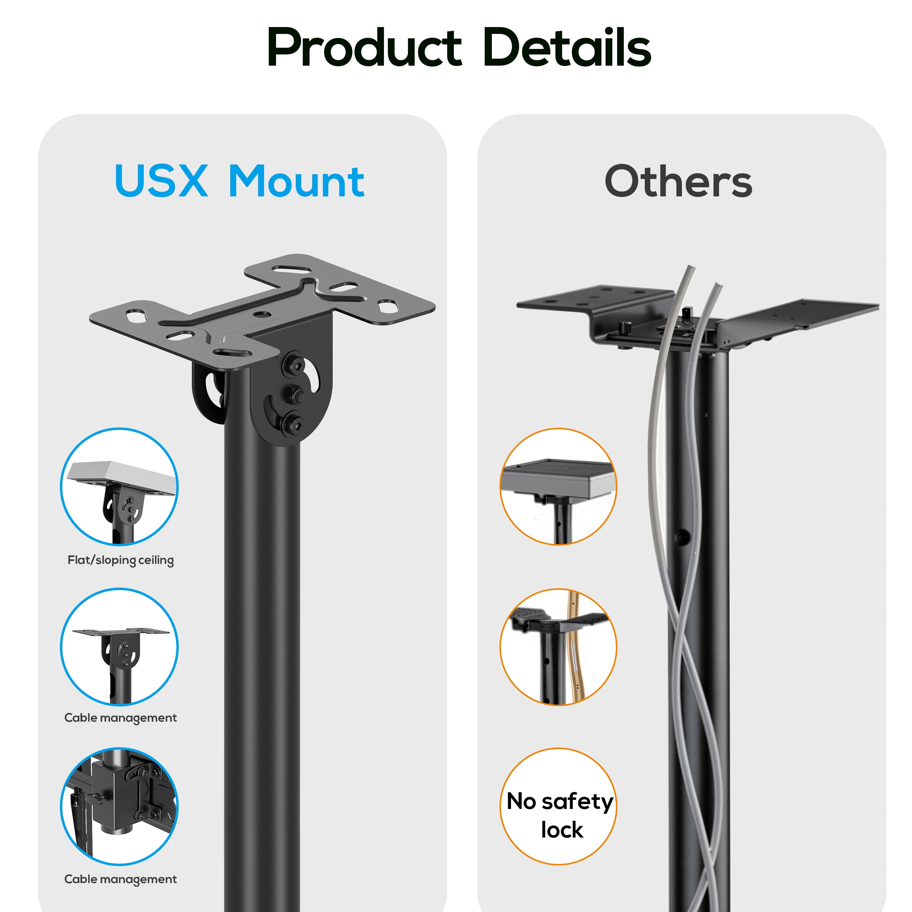 USX MOUNT Ceiling TV Mount for 26-74 inch TVs & Supports up to 110 Lbs, 360° Swivel, 6 Adjustable Height Setting, Full Motion TV Wall mount Max VESA 400x400mm