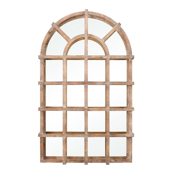 Atherton 40 in. Tall Arched Wood Wall Mirror, Natural Finish, French Country Farmhouse Decorative Mirror