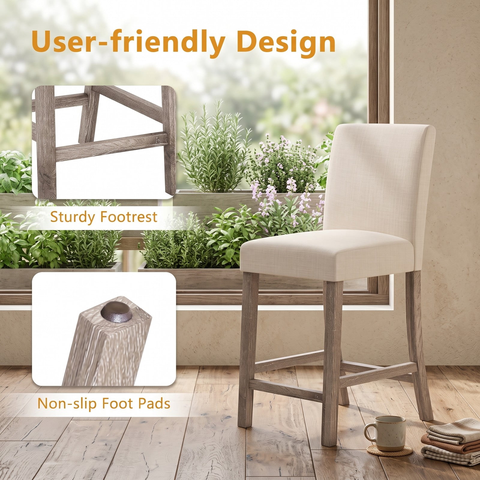 Furnibear Counter Height Bar Stools Set of 2, 24.5 Inch Upholstered Linen Kitchen Island Stools with Backrest and Footrest, Rubber Wood Frame Dining Chairs for, Beige