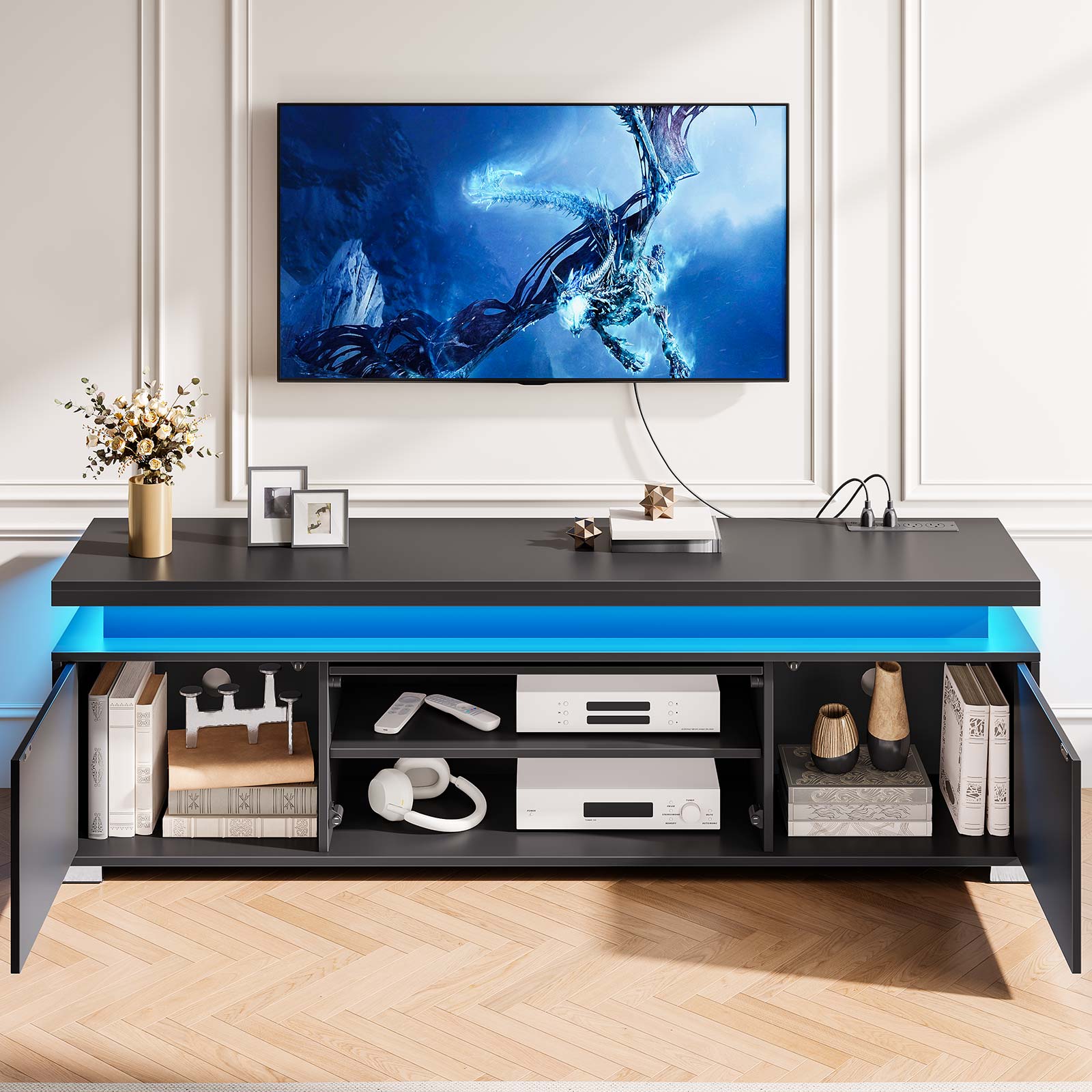Greenstell 59" TV Stand for TVs up to 65", Gaming Entertainment Center with LED Lights & Power Outlet, Black