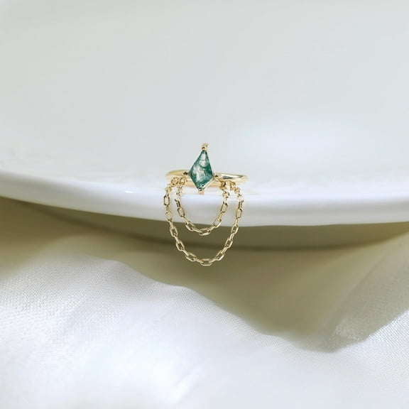 14K Gold Moss Agate Double Chain Dangle Hinged Clicker Delicate Kite Gemstone Nose Ring Cartilage Daith Helix Earring Septum Ring Women Pinkcityshopstore