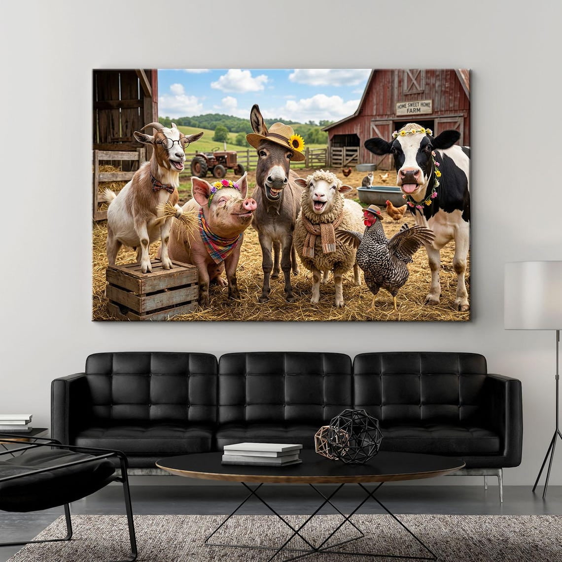 Farm Animals Print Rustic Barnyard Wall Art Whimsical Farmhouse Cute Picture Cow Pig Donkey Goat Unframed Paper Print