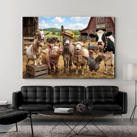 Farm Animals Print Rustic Barnyard Wall Art Whimsical Farmhouse Cute Picture Cow Pig Donkey Goat Unframed Paper Print