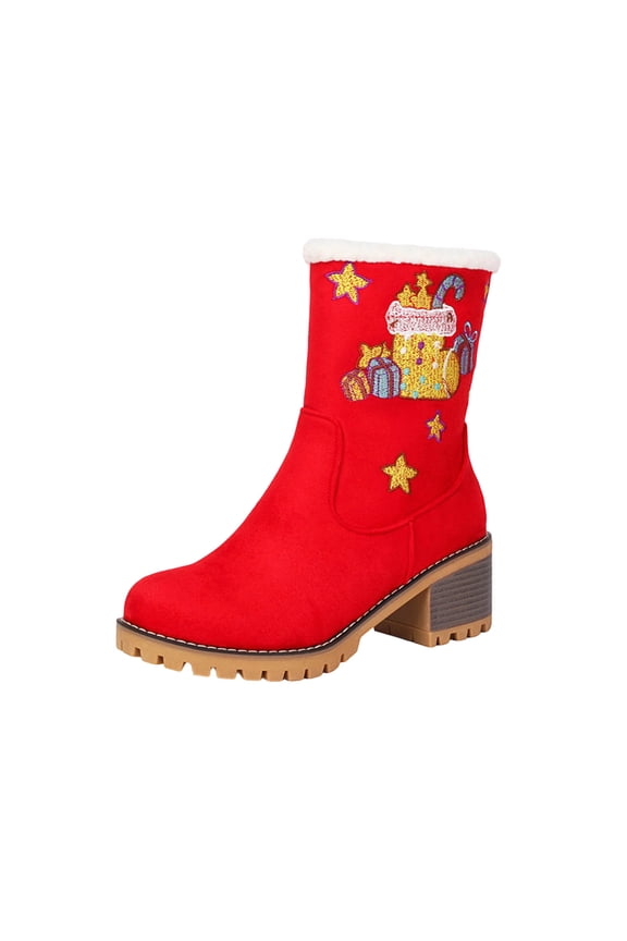 Red Ladies Winter Short Boots Round Toe Embroidered Christmas Red Thick Sole Mid Heel Furry Warm Trendy Bootie