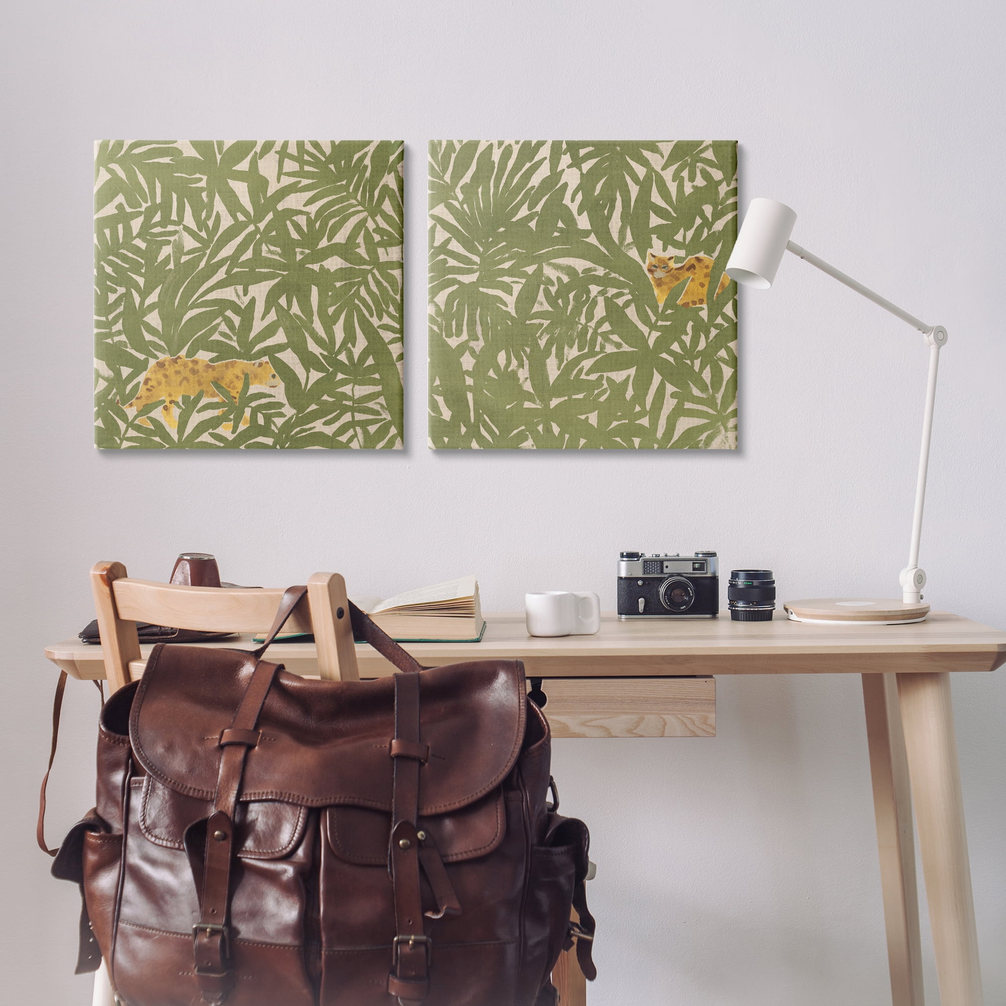 Stupell Industries Hunting Jungle Cat Plants & Flowers Painting Wrapped Canvas Art Print Wall Art, 24 x 24, Set of 2