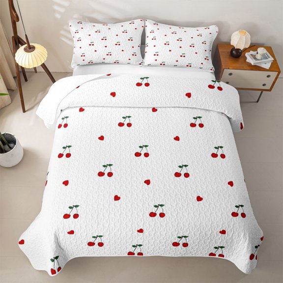 Erosebridal Minimalist Cherry Heart Twin Quilt Set,Cute Fruit Dot Twin Coverlet Set For Girls,2pcs