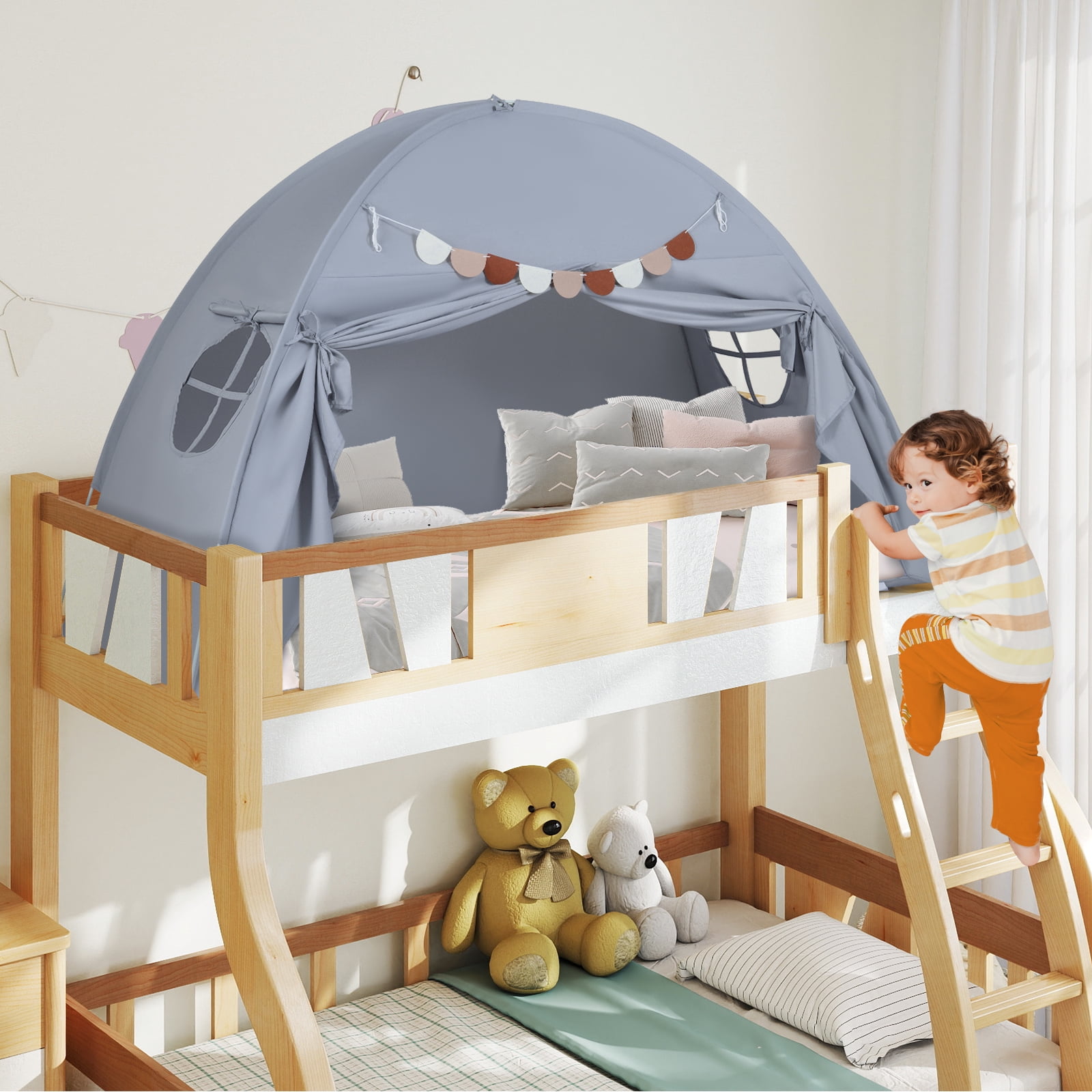 Gymax Twin Full Size Bed Tent w/2 Windows Flags for Boys & Girls Aged 3+ Years Old Grey