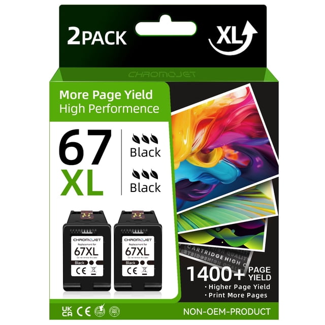 Cartucho de tinta negra Chromojet 67XL compatible con HP, paquete de 2
