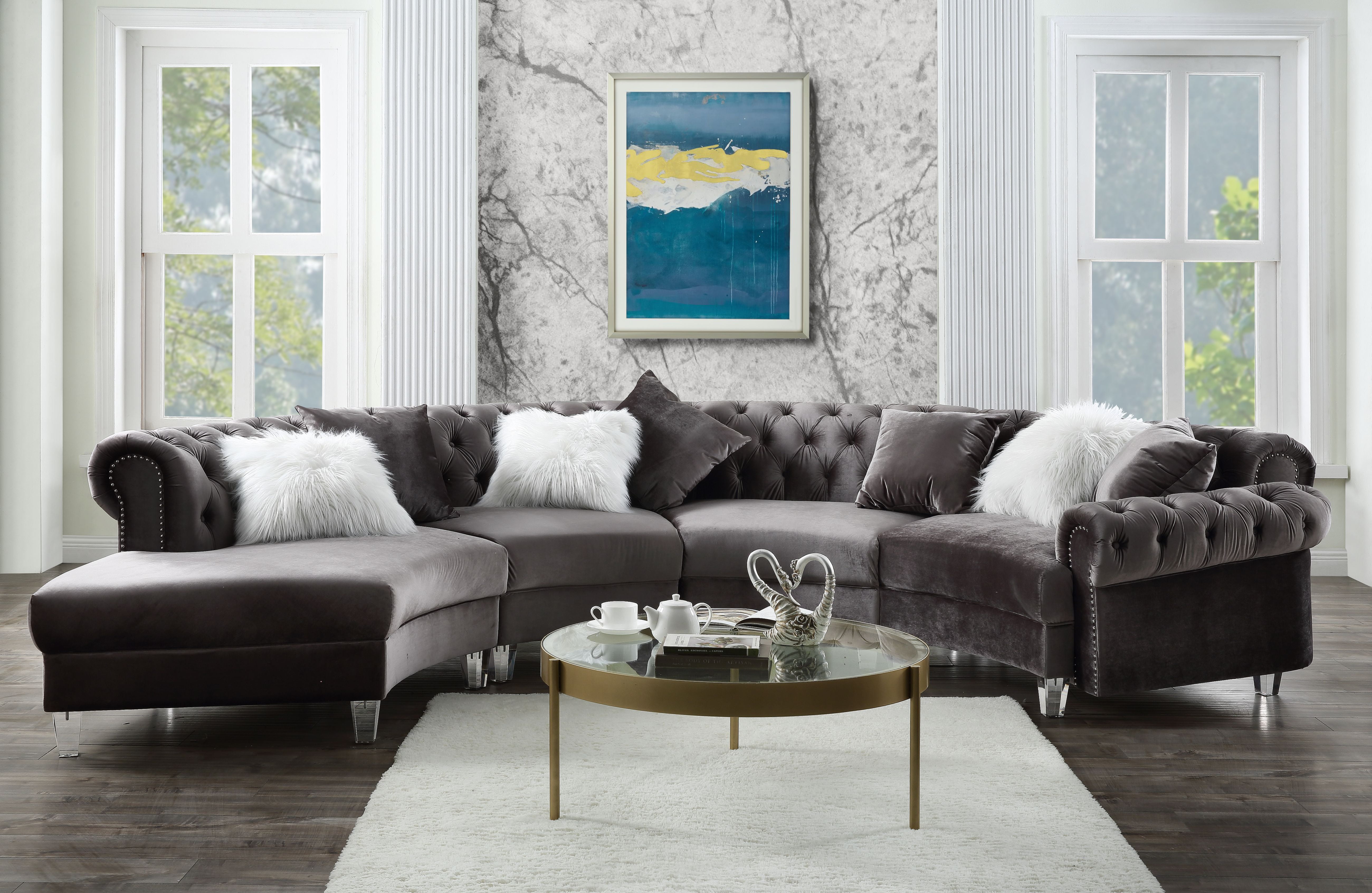 Acme Furniture Ninagold Sectional Sofa with 7 Pillows in Gray Velvet
