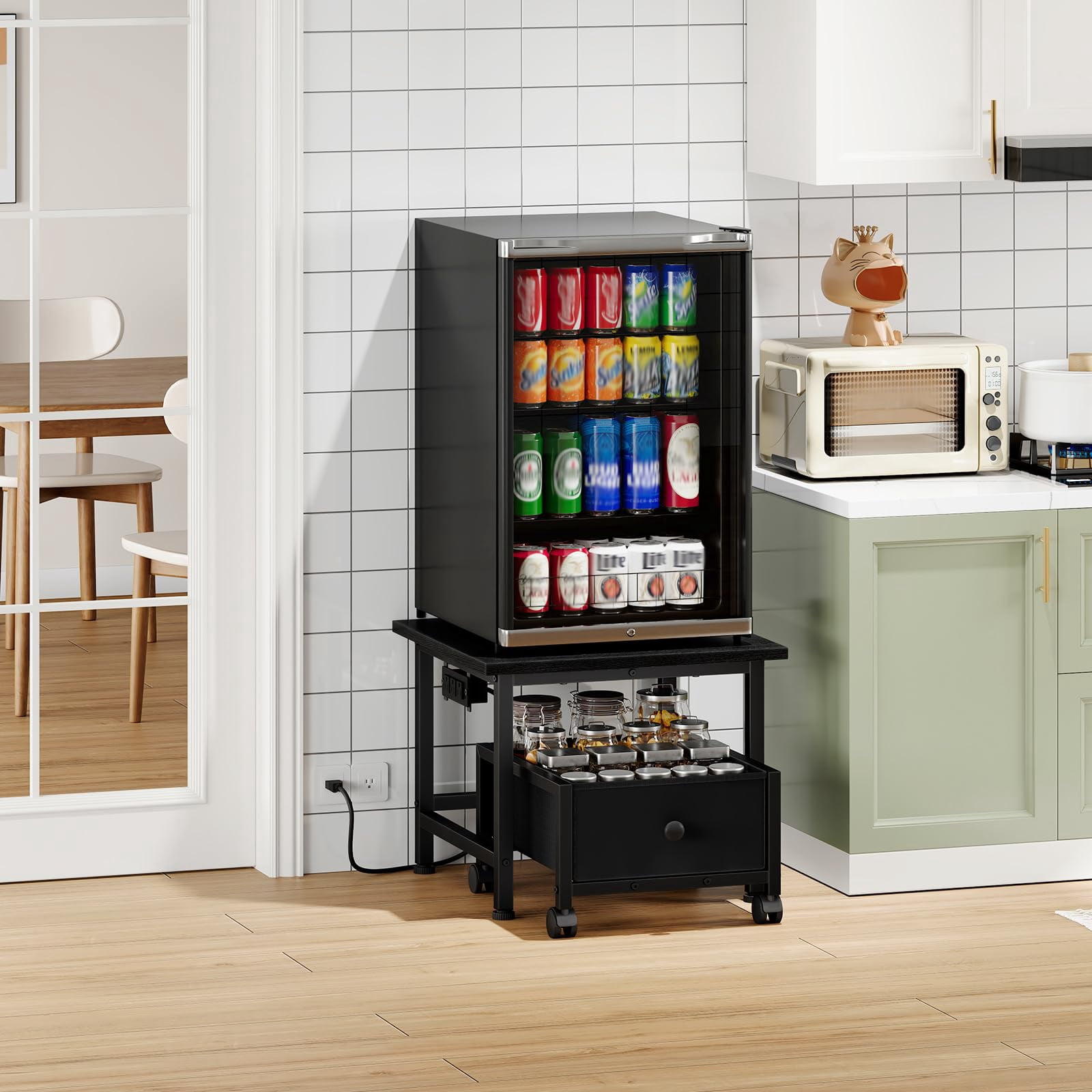 HOOBRO Mini Fridge Stand with Non-Woven Storage Basket and Power Outlet, Mini Fridge Cabinet with Wheels and Adjustable Feet, Mobile Fridge Shelf, for Home, Apartment, Dorm, Black BB355UBX01