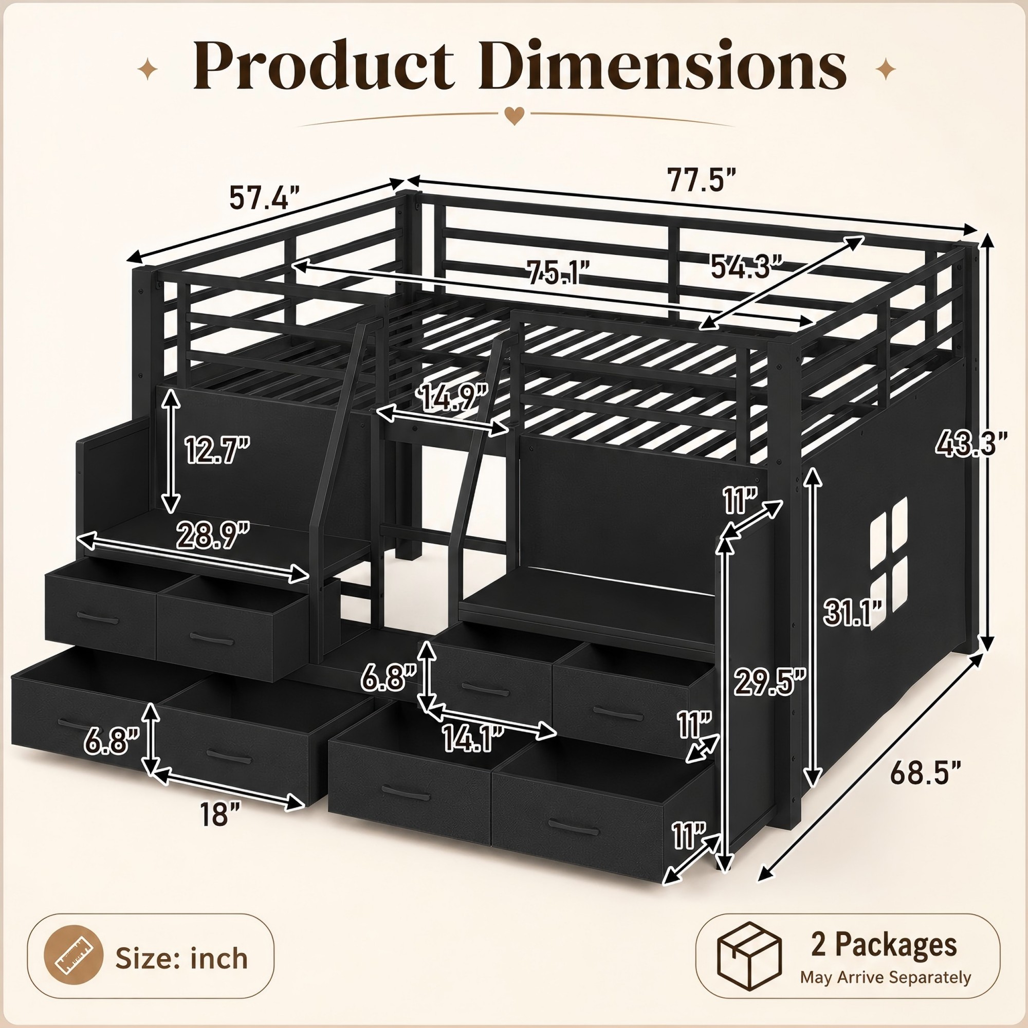 Aukfa Full Size Loft Bed with 8 Storage Drawers, Shelves & LED Lights, Metal Low Loft Bed for Kids Bedroom, Black
