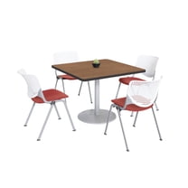 KFI Studios Mode Square 3' Dining Table Set, River Cherry, 4 White & Coral KOOL Chairs