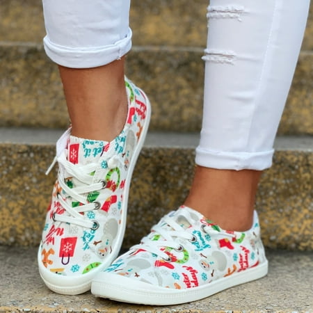 

TALKVE Christmas Print Loafers For Women Canvas Flat Shoes Soft Vulcanize Casual Shoes Ladies Shoes