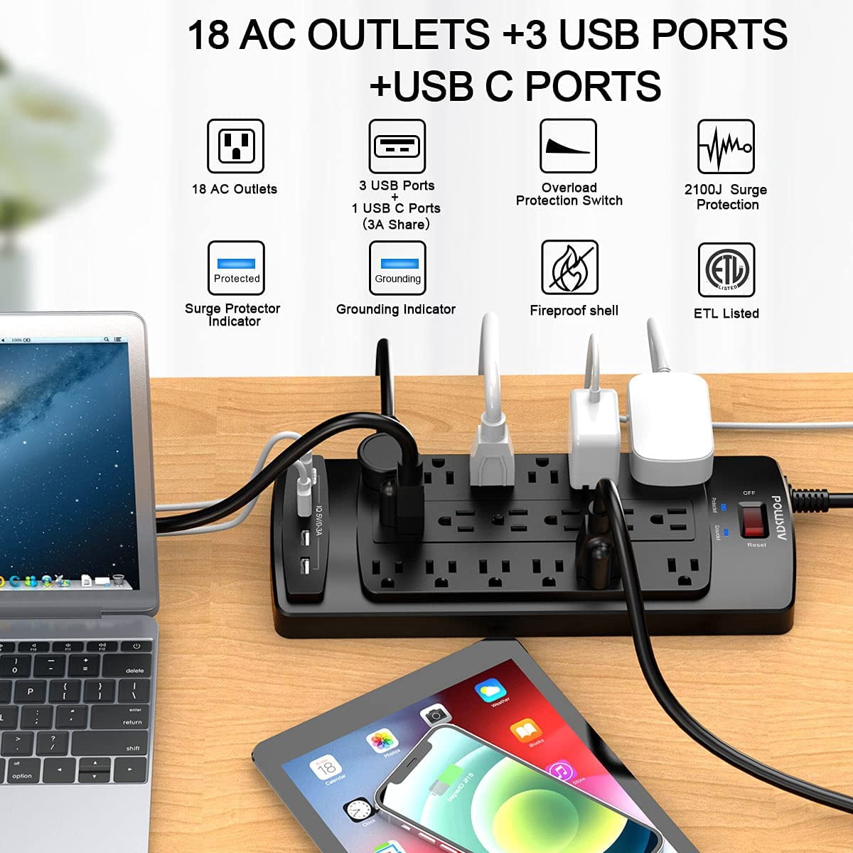 18 Outlets Surge Protector Power Strip - 6 Feet Flat Plug Heavy Duty Extension Cord with Widely and 4 USB Ports, 2100 Joules, Black, ETL Listed