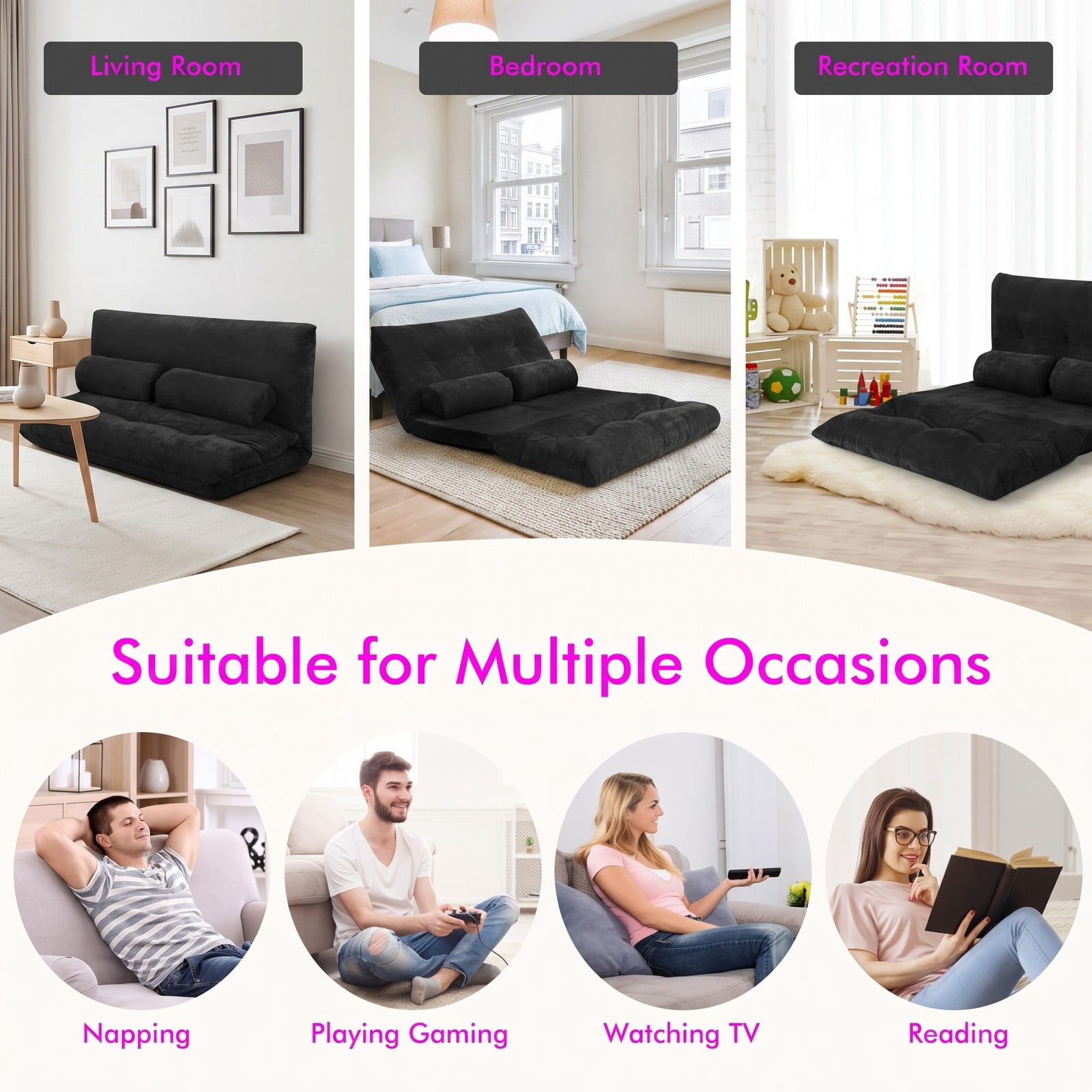Furnibear 6-Position Adjustable Floor Sofa Bed, Foldable Sleeper Lounge Couch with 2 Pillows, Padded Corduroy Recliner Chair for Living Room Bedroom, 330 lbs, Black