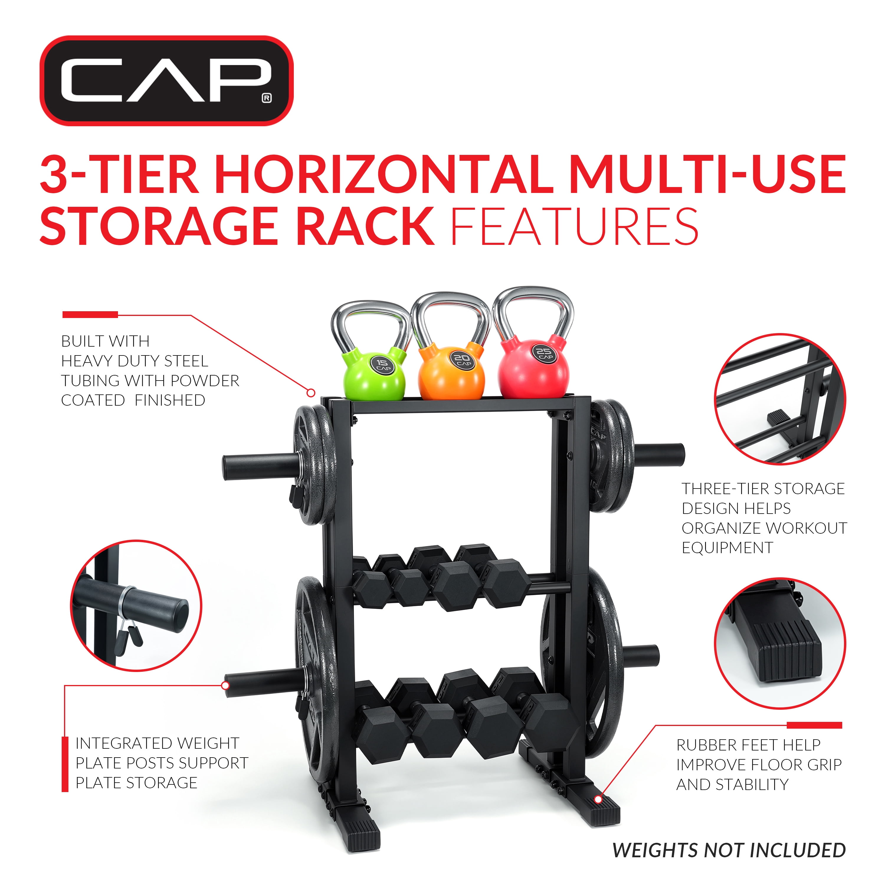 CAP 3-Tier Multi-Use Storage Rack, Dumbbell, Kettlebell & Olympic Weight Plate Organizer for Home Gym