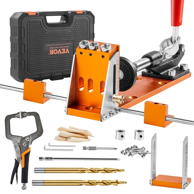 kit de plantillas con orificios de bolsillo vevor, 34 piezas con 11 abrazaderas en c, accesorios y más — plantilla de orificio de bolsillo naranja en vista frontal con cuerpo de aleación mecanizado, barra de extensión de acero con topes deslizantes, abrazadera en C con mango rojo, brocas escalonadas chapadas y anillos de tope, llaves, tornillos, tapones y estuche negro sobre fondo blanco; adecuada también para guiar perforaciones de ensamblaje en proyectos de carpintería.