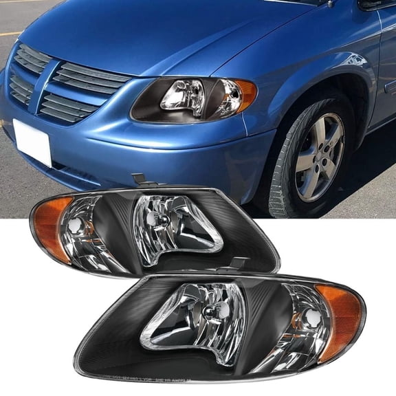 Nilight Headlight Assembly for 2001 - 2007 Chrysler Town & Country 2001-2003 Voyager 2001-2007 Dodge Grand Caravan Replacement Black Housing Amber Reflector