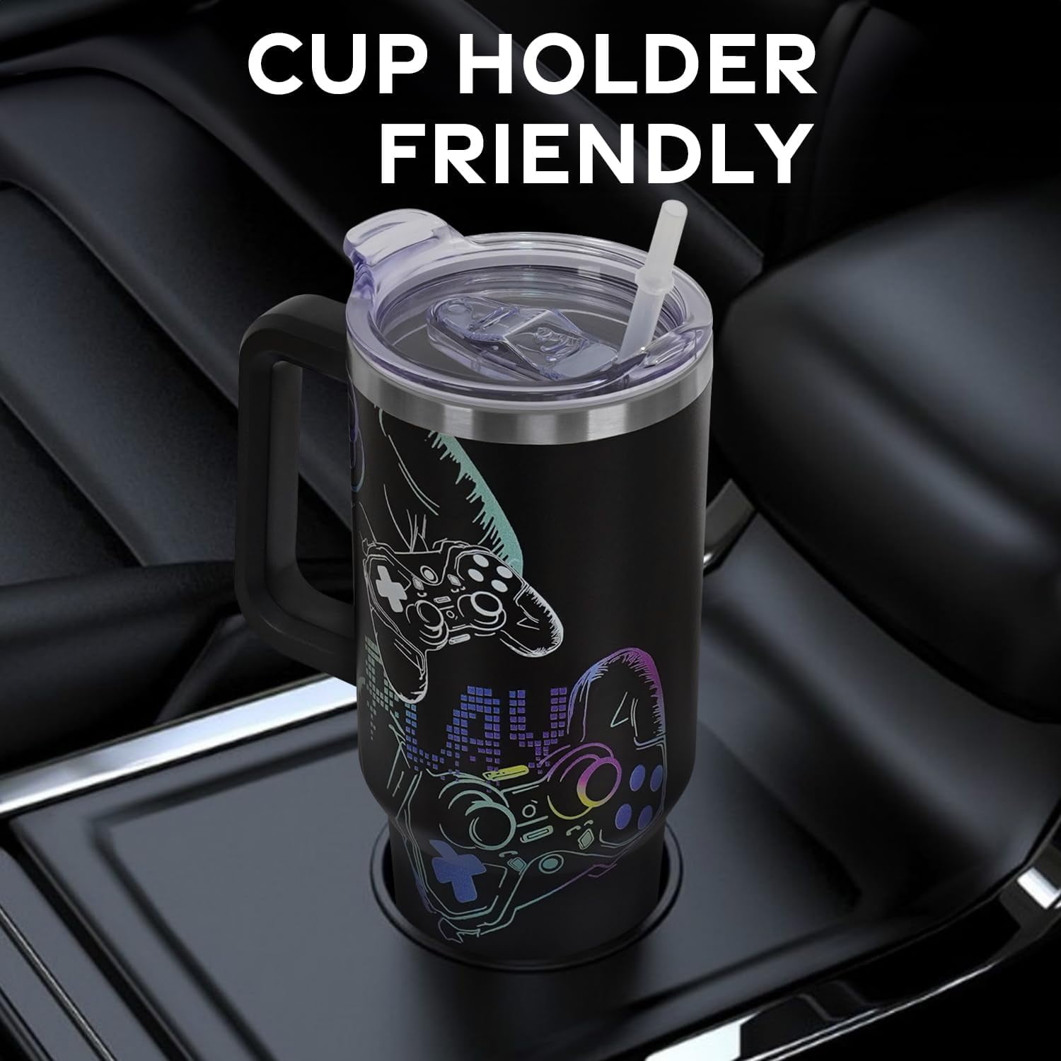 Gamer Gifts 40 oz Tumbler with Handle and Straw Lid for Men,Cool Gaming Video Game Gamepad Presents for Teens Son Dad Boyfriend Husband Father Christmas Easter Birthday Gift Tumbler Coffee Cup Mug