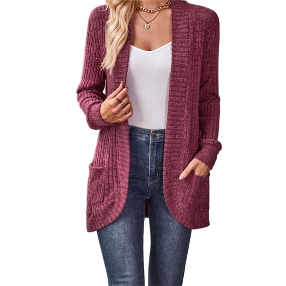 Wevis Women's Open Front Knit Cardigan, Long Sleeve Mid Length Casual Outerwear With Side Pockets