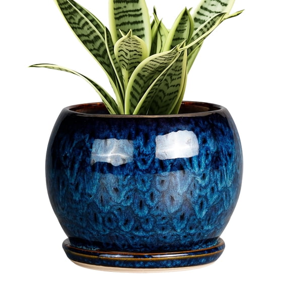 Ordivic 6 inch Blue Glaze Ceramic Plant Pot with Drainage Hole & Saucer, Small Decorative Flower Pots for Succulents & Herbs, Home Decor
