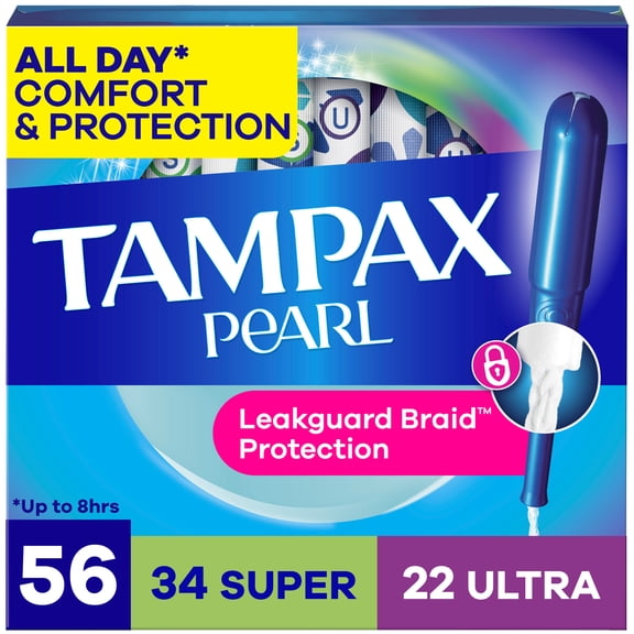Tampax Pearl Tampons Multipack, with LeakGuard Braid, Super/Ultra Absorbency, Unscented, 56 Count