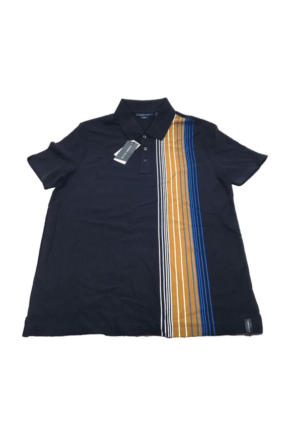 Men's Slim Fit Pique Striped Short Sleeve Polo, Dark Sapphire, M